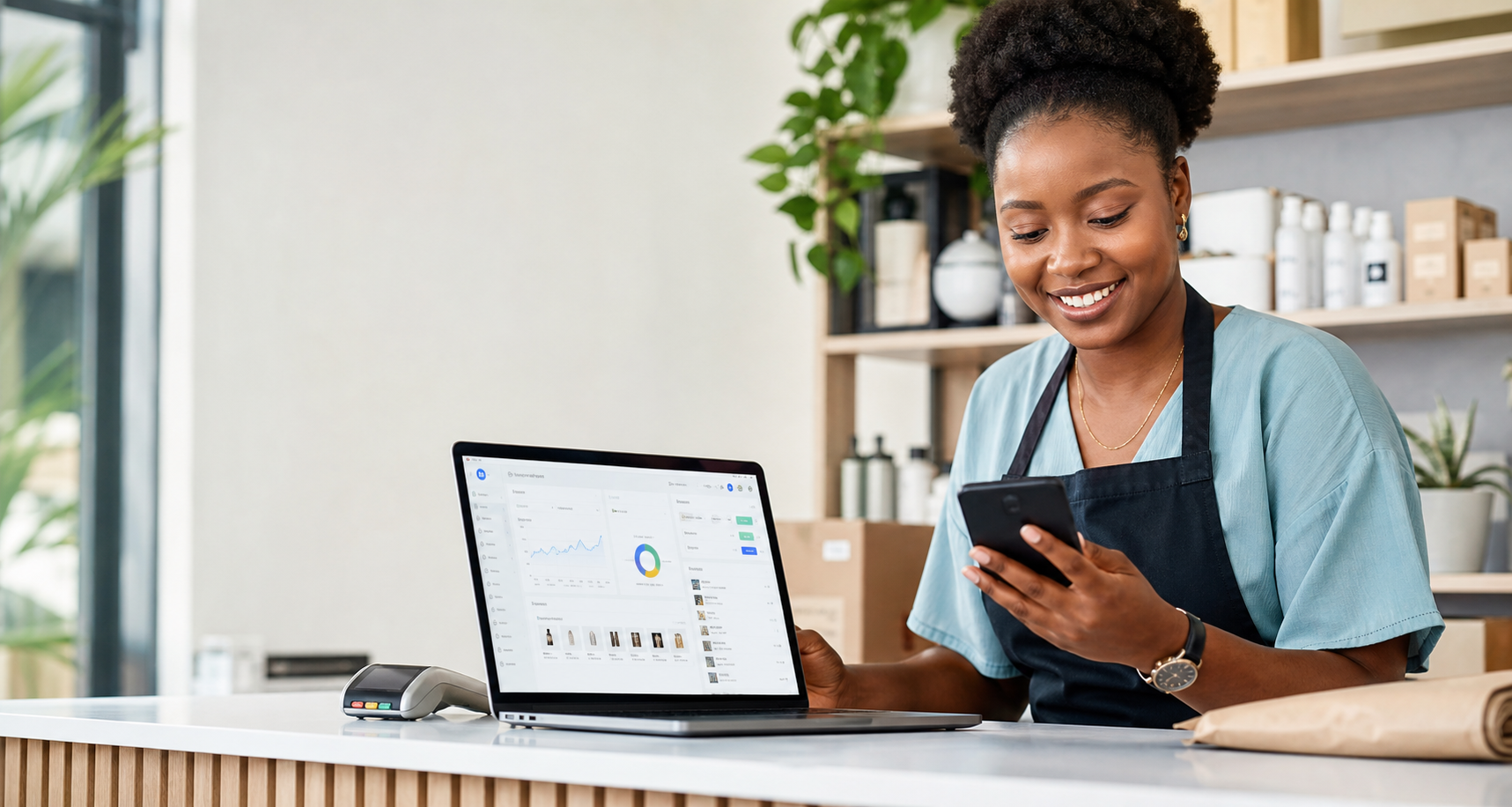 SmartInvoice running on a phone and laptop for a business owner